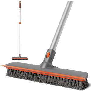 Eazer Floor Scrubber Brush, 2-in-1 Deck Scrubber Brush with Long Handle, Soft & Hard Bristle Brush for Cleaning Concrete, Squeegee Broom for Floor, Bathroom Garage, Kitchen, Wall, Tile and Swimming Pool