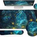 Ergonomic Mouse Pad Set Large Desk Matt for Desktop, Gaming Mouse Pad Wrist Rest Keyboard Mat Cup Coaster Set Cute Office Desk Decor Accessories for Women, Firefly Forest