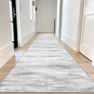 KOZYFLY Modern Abstract Kitchen Runner Rug, 2.6x12 Washable Rug Runner Non-Slip Soft Striped Hallway Runner Rugs, Beige Print Distressed Carpet Runner for Entryway Bathroom Laundry Room Foyer (Beige/Slate Pink)