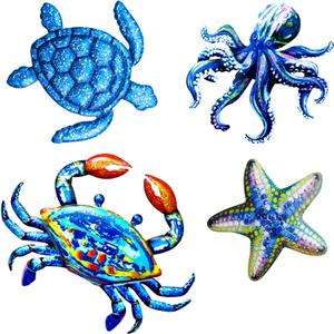 Metal Ocean Wall Sculptures Outdoor Indoor Nautical Metal Wall Art Decor Blue Sea Turtle Crab Octopus and Starfish Wall Decor Outdoor Wall Art for Garden Pool Patio Balcony Kitchen or Bathroom