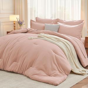 MUXHOMO 7 Pieces Queen Comforter Set, Soft Bed in a Bag Queen Size, All Season Bedding Set with Comforter, Flat Sheet, Fitted Sheet, Pillowcases & Shams, Rose Gold