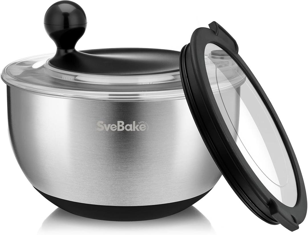 Stainless Steel Salad Spinner with Storage Lid, 5.3 Qt, BPA-Free, 4-in-1 Multi-Functional Lettuce Spinner, Fruit & Vegetable Washer, Easy Clean, Stop Button, Non-Slip Base