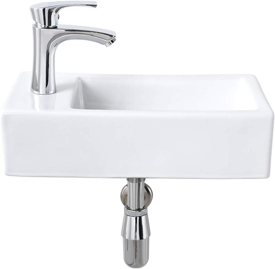 Corner Bathroom Sink Wall Mount-Bokaiya 18 Inch Small Bathroom Sink with Faucet Combo Rectangle White Porcelain Ceramic Vanity Sink, Left Hand, 18" L x 9.8" W