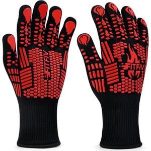 BBQ Gloves, Oven Gloves, 1472F Extreme Heat Resistant Barbecue Gloves, Silicone Non-Slip Oven Mitts, Kitchen for Cooking, Grilling, and Baking (Red)