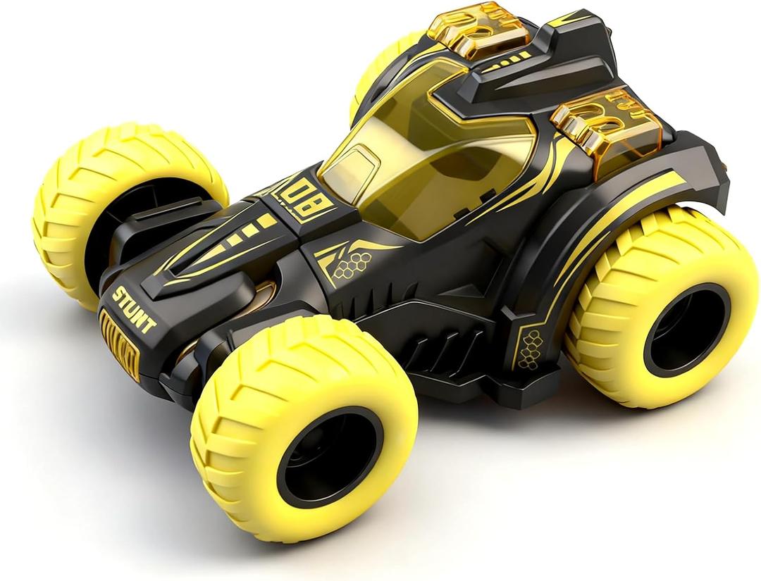 Friction Powered Flip Stunt Car, Push and Go Toy Car with 360 Upright Spin, Dual-Sided Rotating Off-Road Vehicle, No Batteries Required, Toy Car for Boys & Girls Ages 3 (Yellow)