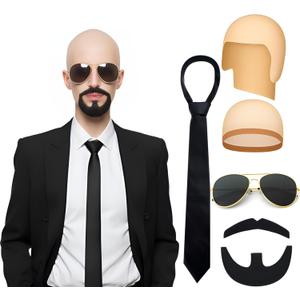 Mepase 5 Pcs Halloween Mr World Costume Accessories Bald Cap Glasses Black Tie Mustache Set for Women Men Halloween Cosplay