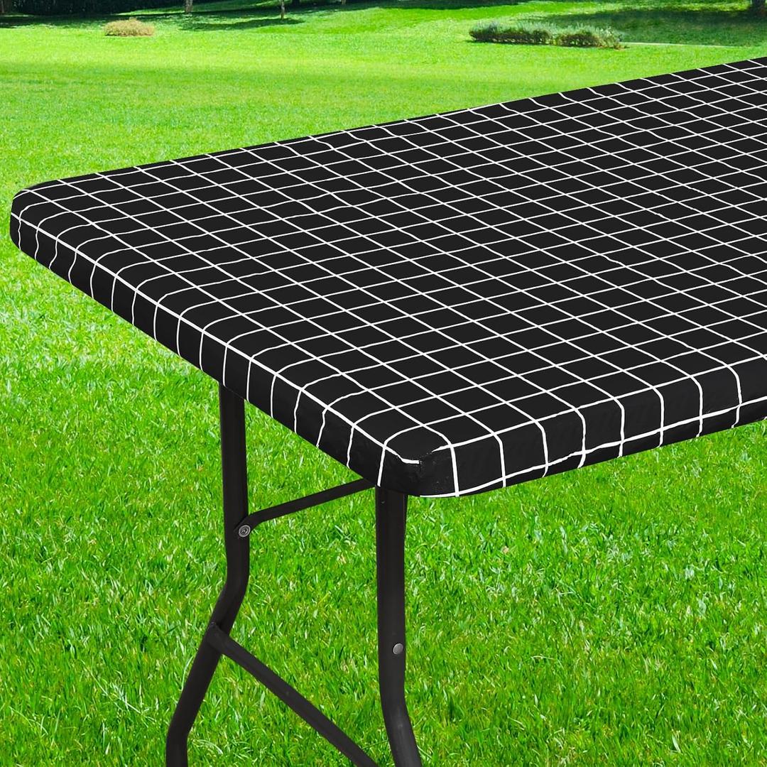 Rectangle Vinyl Table Cloth 24x48, Waterproof Elastic Fitted Tablecloth with Flannel Backing, Plastic Table Cover for Picnic, Camping, Outdoor, Black