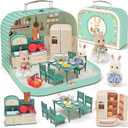 Dollhouse Kitchen Furniture Suitcase Set for Kids, 2 Flexible Dolls/Dining Tble/Kitchenware/Tableware/Refrigerator/Bread, Pretend Play Dollhouse Accessories Christmas Birthday Gift for Girls Ages 3+