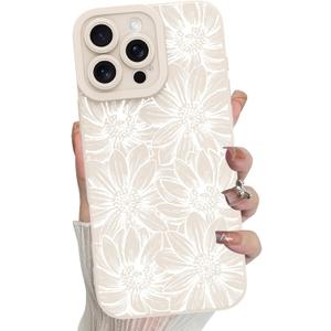 MZELQ for iPhone 16 Pro Case, Silicone Floral Flowers Sunflowers Cute Pattern, Camera Protection Soft Slim Phone Cover for Girls Women -White