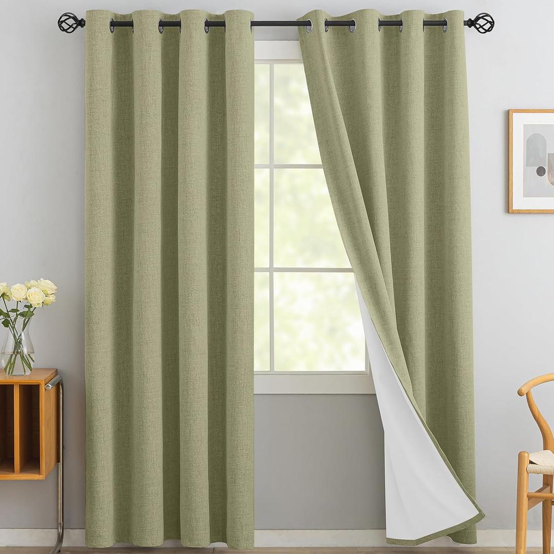 Yakamok Linen Sage Curtains 100% Blackout 84 Inches Long, Room Darkening Textured Drapes for Living Room, Thermal Grommet Bedroom Curtains 2 Panels with Greyish White Liner