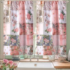 2 Pcs Floral Kitchen Curtain Vintage Pink Flower Window Curtains Over Sink Decor Mid Centurl Retro Farmhouse Patchwork Floral Small Window Cafe Short Curtains for Bathroom 27.5x39 Inch