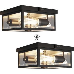 Outdoor Ceiling Light with Motion Sensor, Flush Mount Porch Light, Exterior Light Fixture with Clear Glass, Dusk to Dawn 2-Light Fixture for Patio,Porch (8.5in 2Pack)