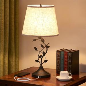 Kakanuo Table Lamp for Bedside, Lamp for Living Room with USB-A and USB-C Charging Ports, Traditional Tall Bedroom Lamp for End Table (Beige)