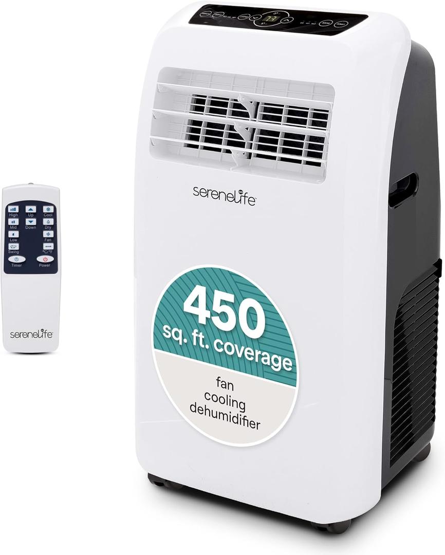 SereneLife Portable Air Conditioner 12,000 BTU with Built-in Dehumidifier - Portable AC unit for rooms up to 550 sq ft - Small AC Unit Remote Control, Window Mount Exhaust Kit White
