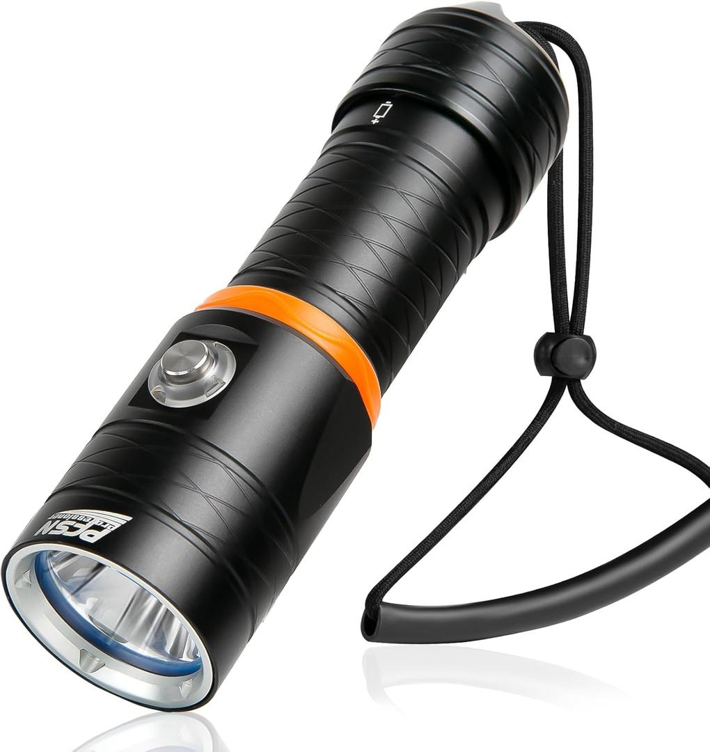 Dive Light Scuba Diving Flashlight - PFSN High Lumens Underwater Flashlight for Diving, Professional Diving Light with 400m Beam Distance, 20Hrs Long-Lasting, Rechargeable Waterproof LED Dive Torch (Black)