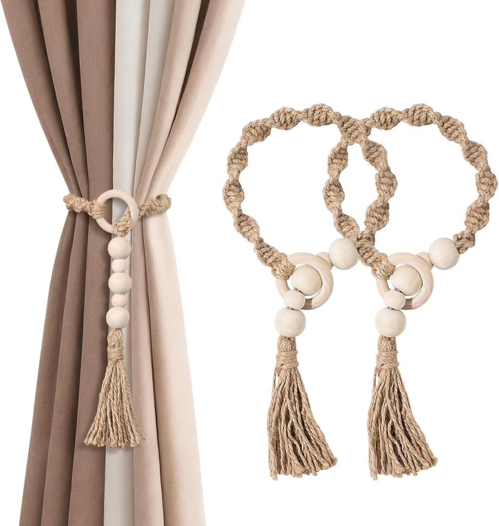 Macrame Curtain Tiebacks with Wooden Beads, Jute Rope Boho Holdbacks with Tassels, Natural Beige, 2-Pcs