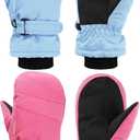 SATINIOR Kids Snow Mittens Waterproof Winter Ski Gloves Warm Thicken Snow Gloves for Girls Boys (8-12 Years, Pink,Sky Blue)