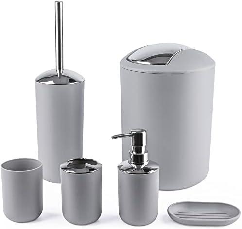 Papillon Bathroom Accessories - 6 Piece Plastic Gift Toothbrush Holder,Toothbrush Cup,Soap Dispenser & Dish,Toilet Brush Holder,Trash Can,Tumbler Straw Set (Gray)