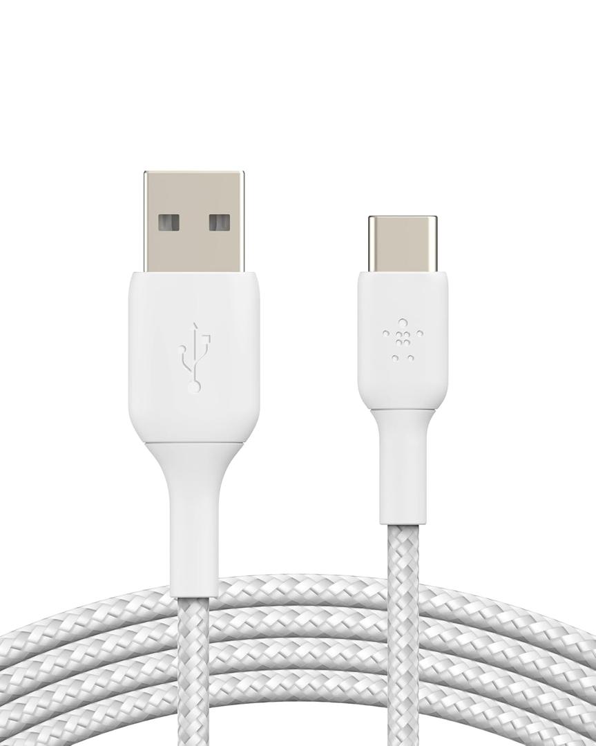 Belkin BoostCharge Braided USB-C to USB-A Cable (2M/6.6ft) for iPhone 16, iPhone 16 Pro, Samsung Galaxy S25, S24, Pixel 9, iPad Pro, Nintendo Switch 2, Carplay & More - White