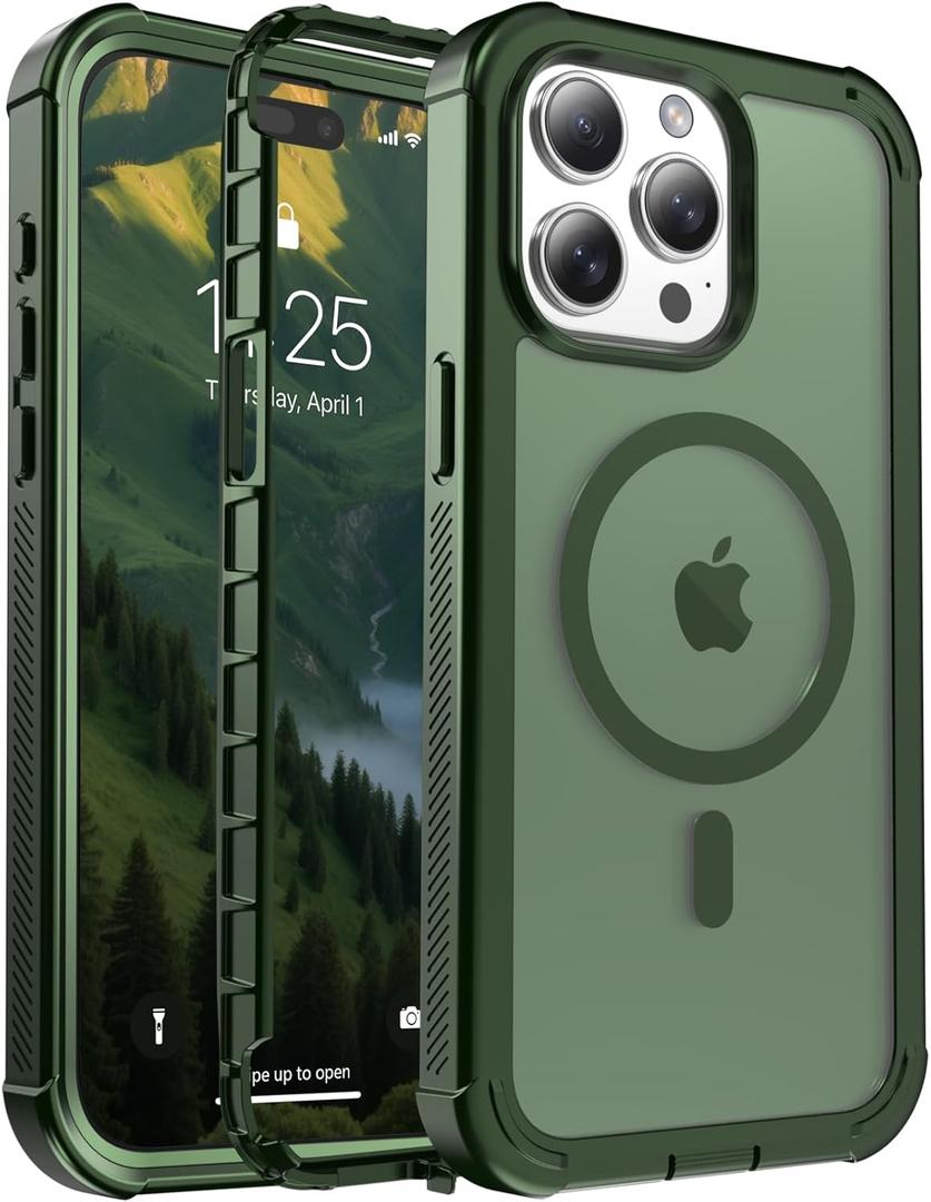 Magnetic for iPhone 15 Pro Case, [Compatible with MagSafe][Military Grade Drop Protection][Heavy Duty Protection][Non-Slip][Shockproof] 2-Layer Durable Bumper Phone Case 6.1''-Army Green