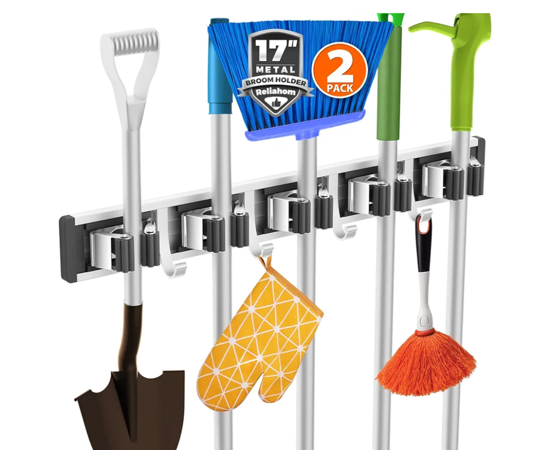 2 Pack Broom Holder Wall Mount Mop and Broom Hanger Wall Mounted Garage Storage Rack Kitchen Garden Tool Organizer (5 Racks with 4 Hooks, Black)