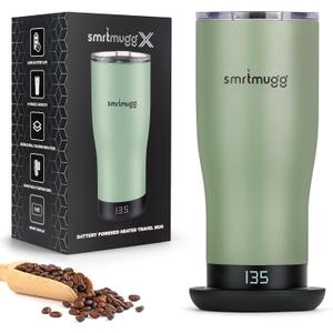 SMRTMUGG X Heated Coffee Mug 19 oz., 8 Hour Battery Life, Self-Heating, Adjustable Temp Controlled, LCD Screen, Includes Cover with Magnetic Slider (Black) (Sage Green)