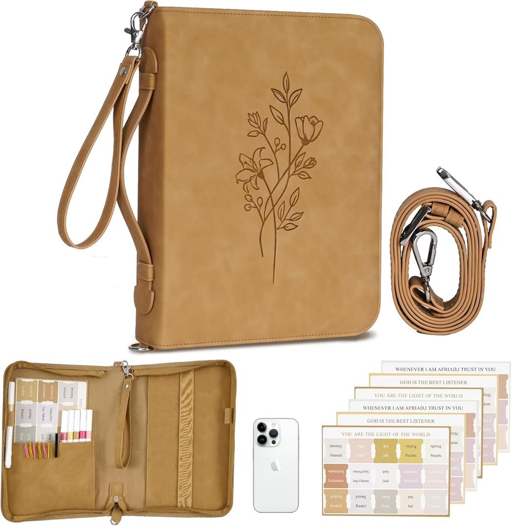 Bible Case, Bible Cover Case for Women with Detachable Shoulder Strap & Wristlet Strap, Christian Gifts for Woman, PU Leather Debossed Floral Bible Cover, Church Bag with Bible Study Supplies, Brown