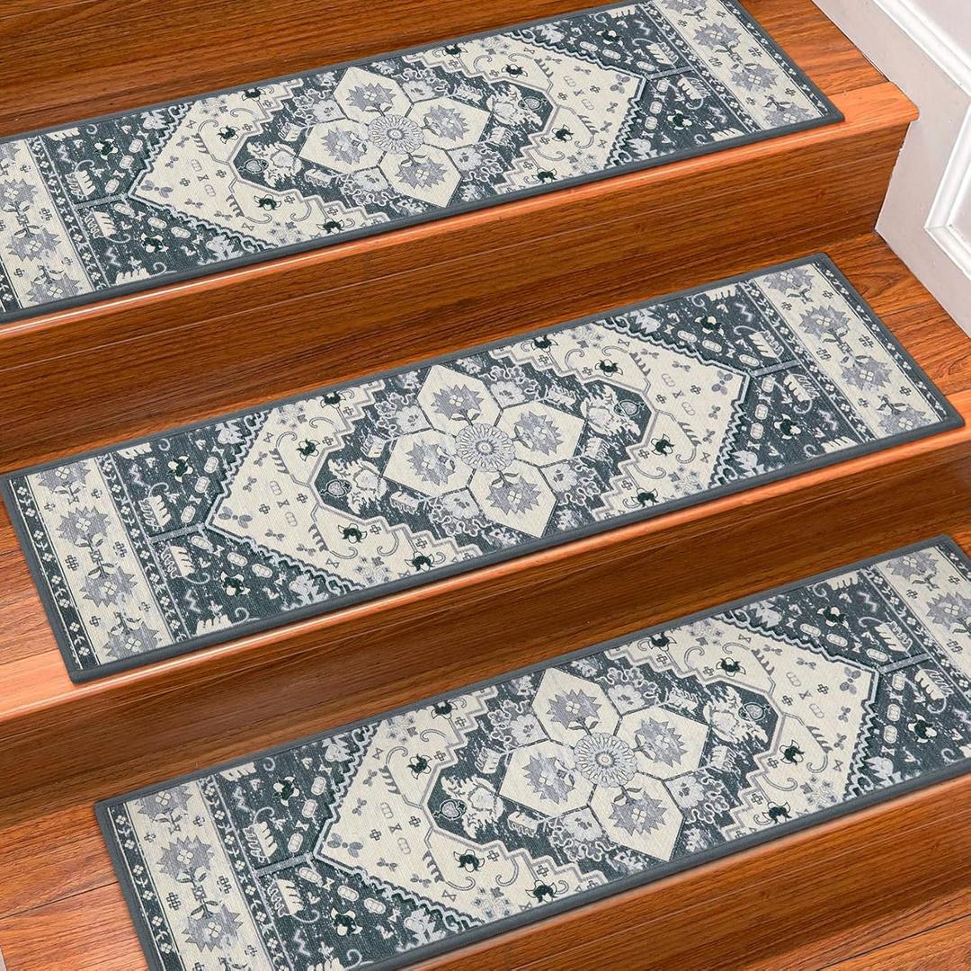 Stair Treads for Wooden Steps Indoor, 15 Pack 8" X 30" Non Slip Carpet Stair Treads with Reusable Adhesive for Kids Elders and Dogs, TPR Backing Stair Rugs Oriental Staircase Step Treads,Bohemia (Light Grey)