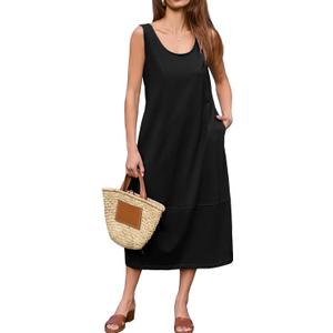 BerryGo Women's Loose Casual Midi Cotton Dresses Sundress Sleeveless Beach Summer Trendy Tank Top Dress with Pockets (Large, Black)