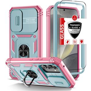 for Samsung Galaxy S24 Case with 1 Tempered Glass Screen Protector,S24 Phone Case Built-in 360Kickstand Ring with Camera Cover Shockproof Military Grade Drop Heavy Duty Protection Green Pink