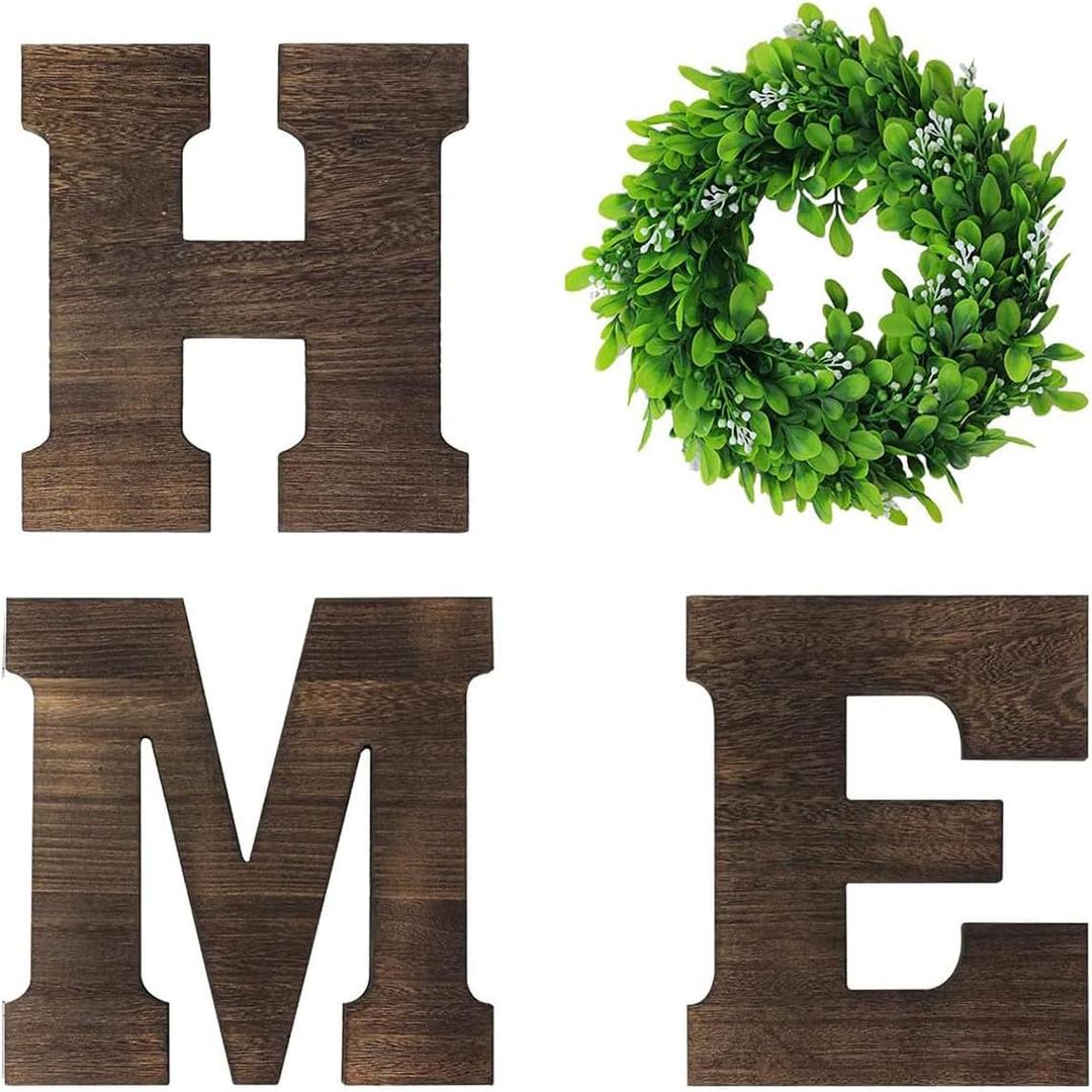 Wooden Wall Sign Decor with Artificial Wreath Hanging Farmhouse Home Letters Brown