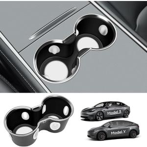 Upgrade Cup Holder Insert for Tesla Model Y 2025 2024-2021 Model 3 2021-2023 Center Console Interior Accessories [Chrome Plated Design] (Black-White)