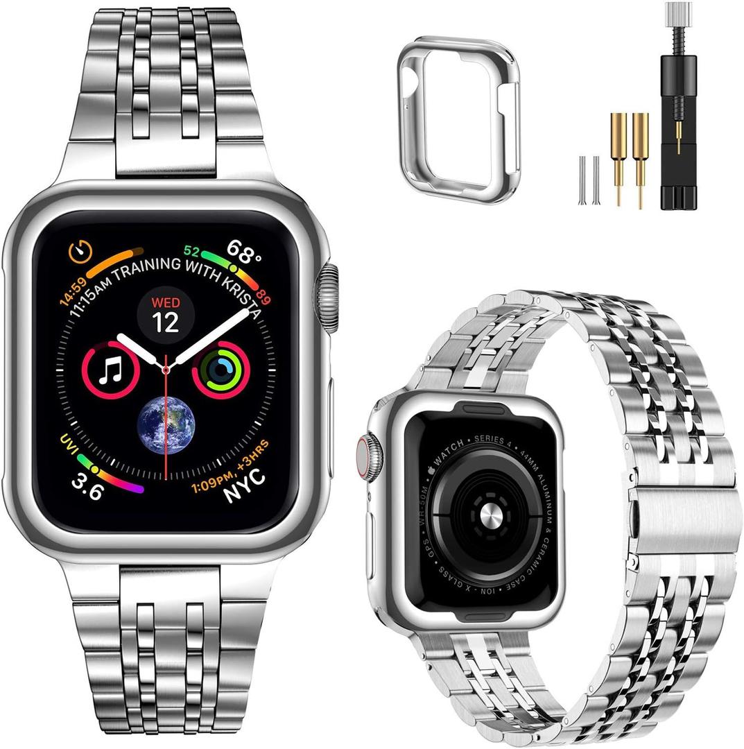 MioHHR Compatible with Apple Watch Band 41mm, Solid Stainless Steel Metal Strap for iWatch 41mm Series 9 8 7, Silver