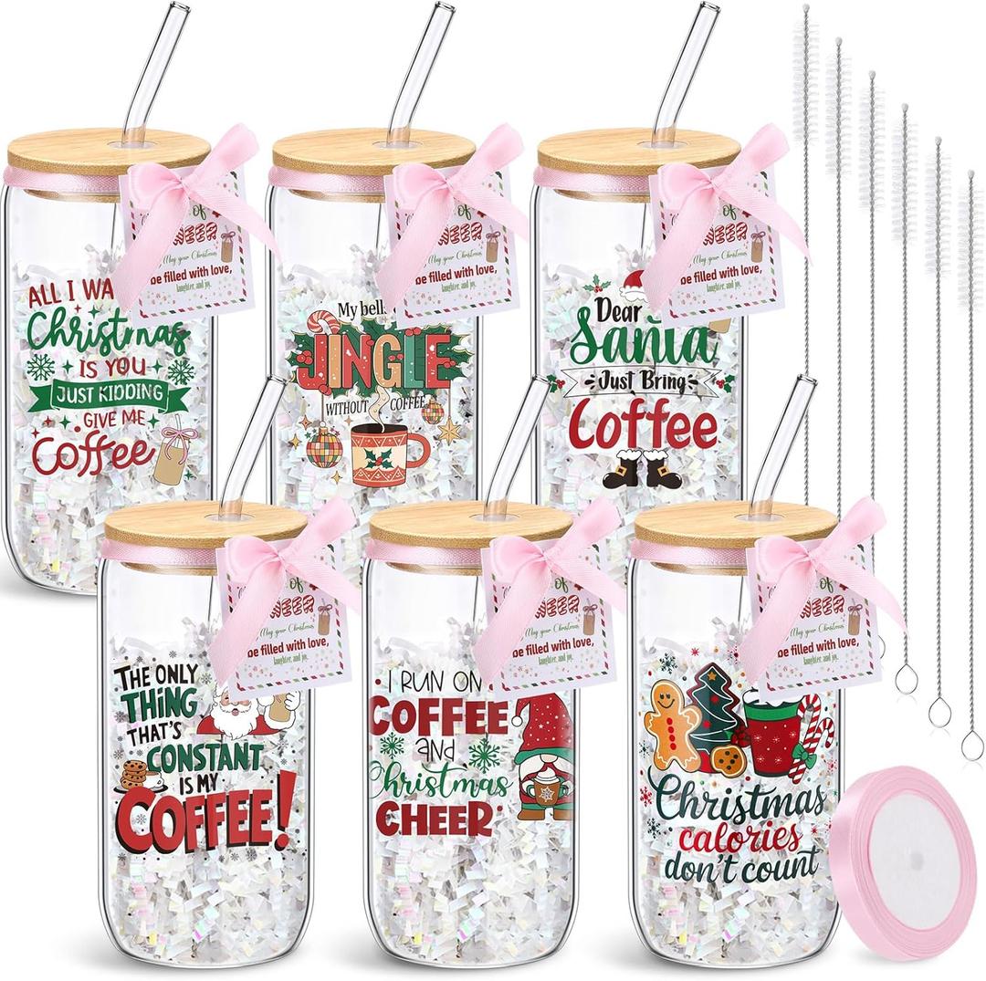 LemonRoad 6 Set 16 oz Clear Christmas Glass Cups with Bamboo Lids and Straws Beer Can Shaped Christmas Iced Coffee Glasses Tumblers with Appreciation Gift Cards and Pink Ribbons for Teacher Coworker