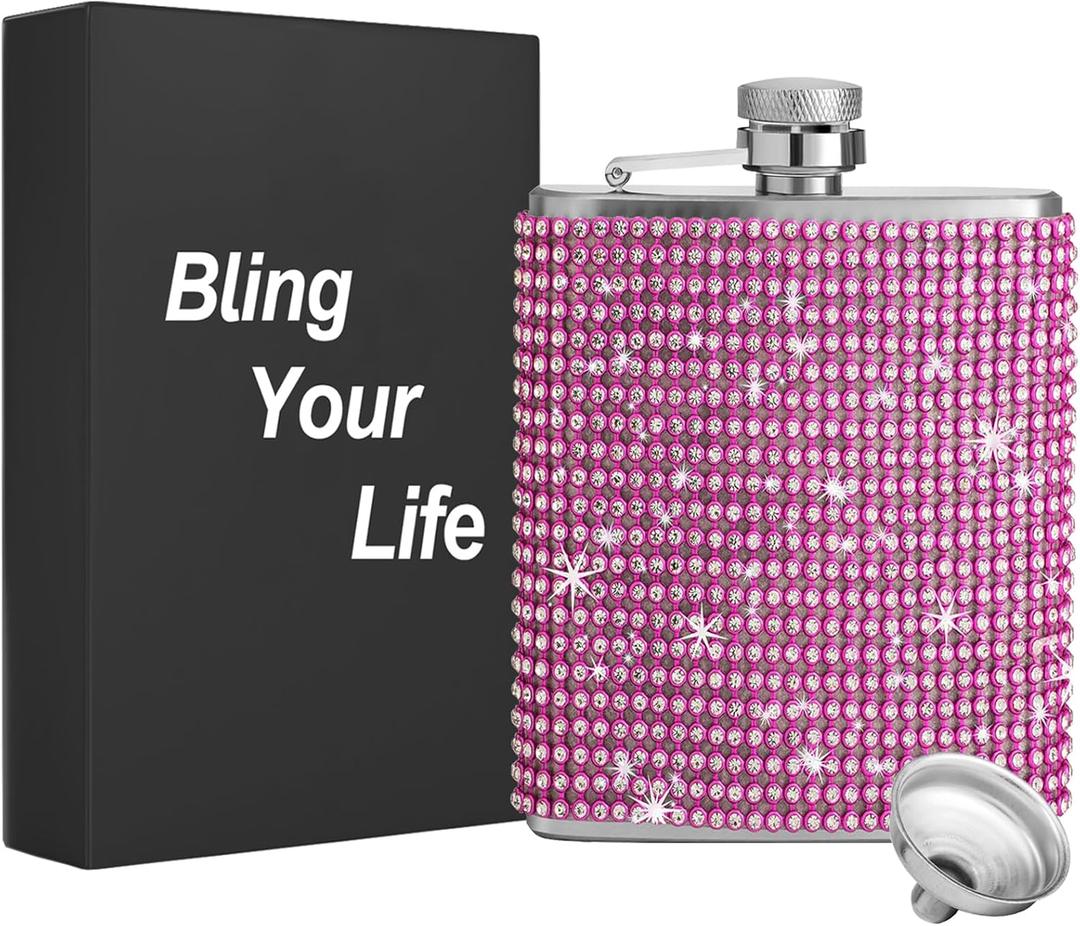 Diamond Hip Flasks - Glitter Stainless Steel Leakproof Hip Flasks for Vodka, Bling Rhinestone Hip Flask, Cute liquor flask for women (8oz, Pink)