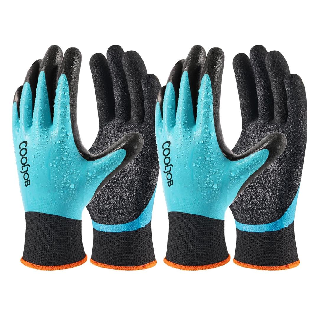 COOLJOB Waterproof Gardening Work Gloves with grip for Women & Men, Double Rubber Coated for Garden Yard Outdoor Construction Worker, Blue Small Size 2 Pairs (S)