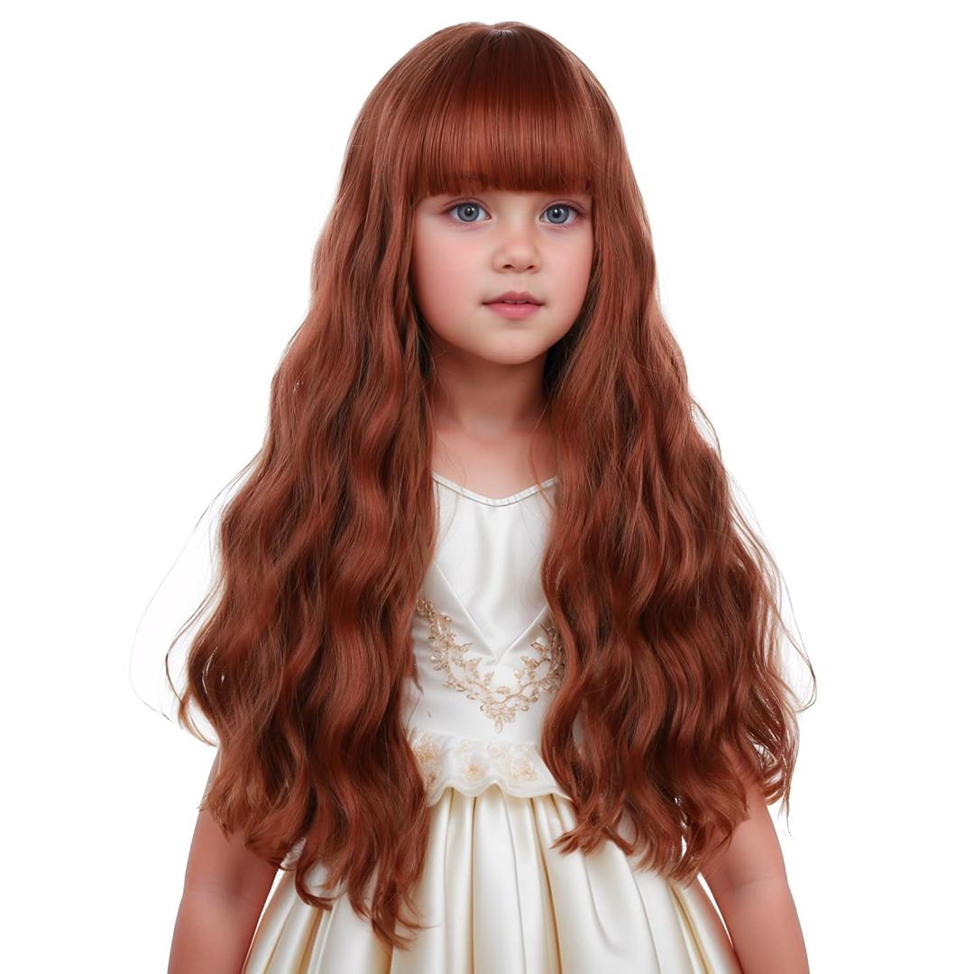 Girls Dark Orange Wig Kids Long Dark Orange Wig with Flat Bangs for Girls Child Wavy Curly Wigs Heat Resistant Synthetic Wigs with Cap