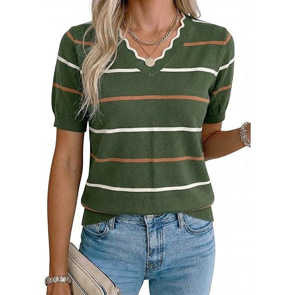 Short Sleeve Sweater for Women V Neck Lightweight Sweaters Fashion Clothing Business Casual Outfits, Size 2XL