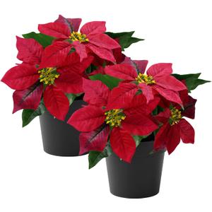 Poinsettias Artificial Christmas Flowers Tabletop Small Red Poinsettia Plant Artificial 9 Inch Faux Winter Flowers for Xmas Ornament Porch Home Garden Decorations(2 Pack)