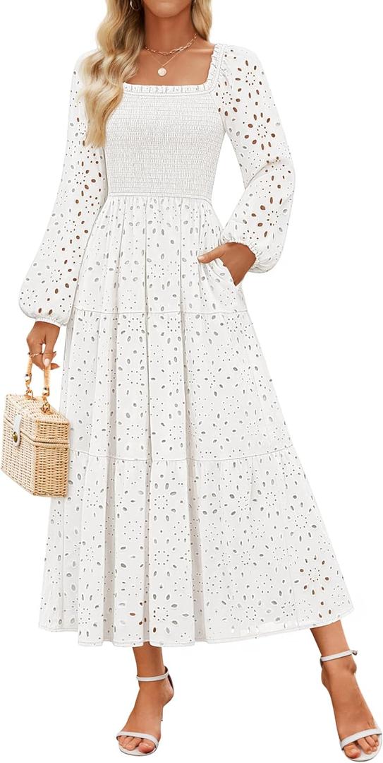 ZESICA Women's Spring Long Sleeve Maxi Dresses 2026 Square Neck Hollow Out Eyelet Smocked A Line Cocktail Party Dress (Medium, White)