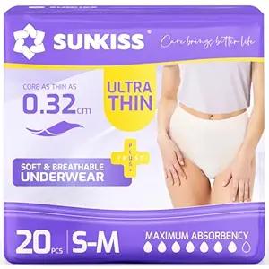SUNKISS Ultra Thin Incontinence Underwear for Women, High Absorbency & Super Soft Postpartum Diapers, Disposable Adult Pull Ups, Small/Medium, 20 Count