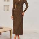 ZESICA Women's Fall Floral Long Sleeve Bodycon Dress 2026 Elegant V Neck Cocktail Party Long Midi Dresses (Brown)