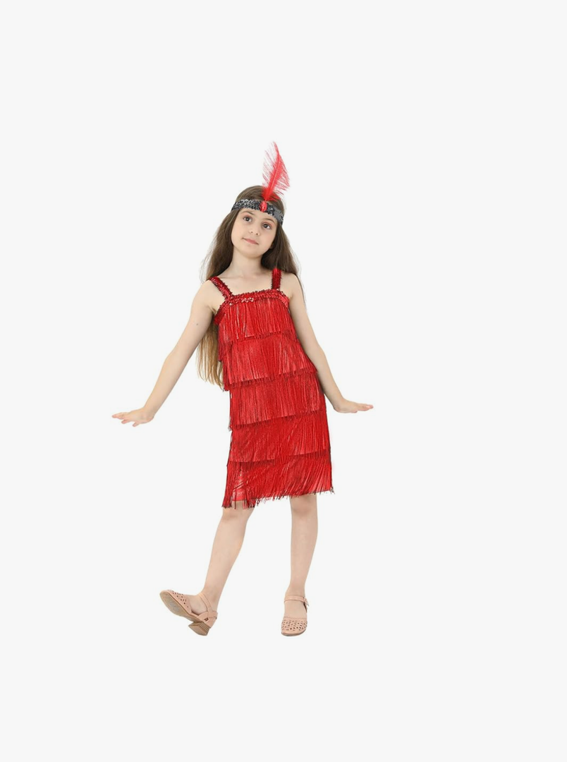 Girl's 20s Flapper Dresses Costume Dress Childrens Party Fringed Dresses with Feather Headband,Size Adult Medium