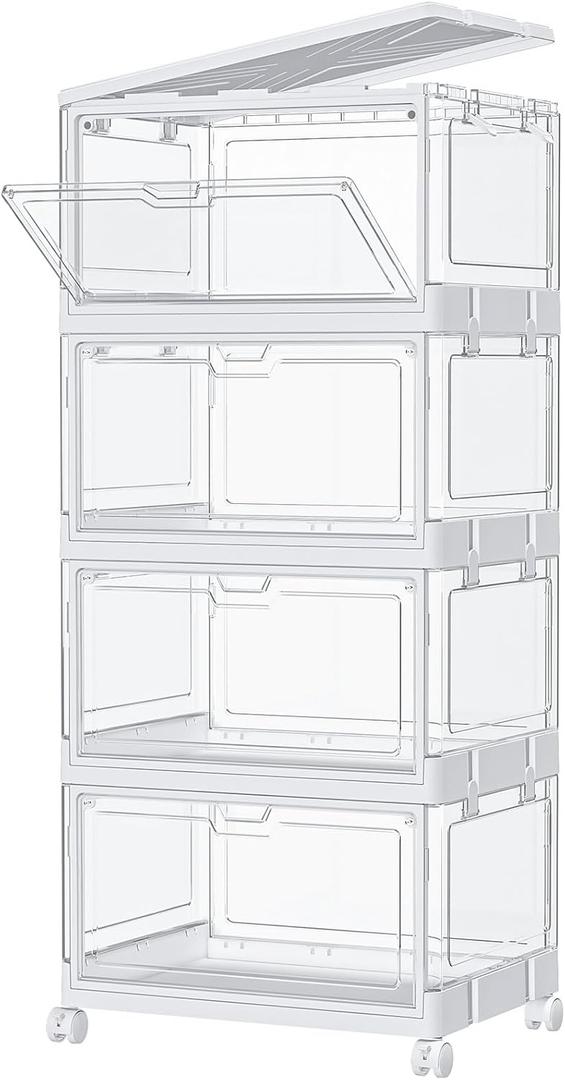 SNSLXH Clear Storage Bins with Lids & Wheels, Stackable Plastic Craft Containers, Large Closet Organizers Box for Bedrooms Living Rooms 24 QT, 4-Tiers (4-tiers with one lid & wheels)