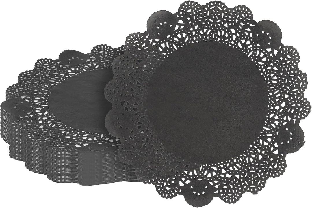 Pastry Tek 8 x 8 Inch Paper Lace Doilies, 100 Disposable Table Doilies - Elegant Lace Finish, Long Lasting, Black Paper Doily, for Pastries, Cupcakes, Desserts - Restaurantware