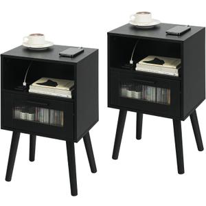 Lab Cosi Mid Century Modern Nightstand with Charging Station, Natural Tan End Table, Bedside Tables for Living Room and Bedroom, Natural Wood Side Table with Storage Drawer