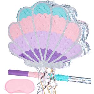 Wernnsai Mermaid Seashell Piata - Pink Shellfish Pinatas for Kids Girls Birthday Mermaid Princess Party Decorations Under The Sea Ocean Theme Party Games With Bat Blindfold 16 x 12.5" x 3"