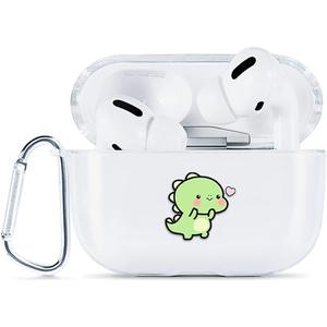 Airpods Pro Case Cover Cute Soft Silicone Clear with Pattern Designs for Women Men Shockproof Protective Case for Airpods Pro Case with Carabiner [Front LED Visible] (Baby Dinosaur With Metal Hook)