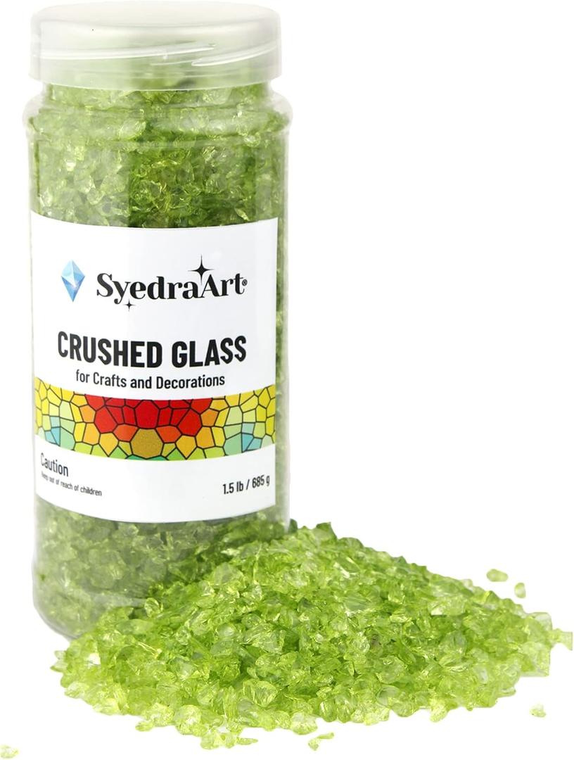 Syedra Crushed Glass for Crafts Broken Glass Pieces Resin Art Crushed Colored Mirror Pieces,Bar, Garden Decoration 3-6mm, 1.5 Pound Jar (Light Green)