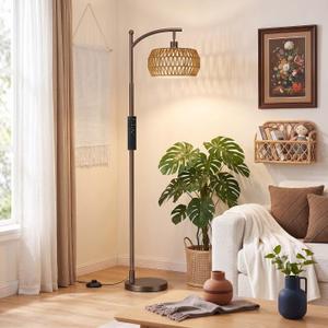 Ambimall Arc Floor Lamp with Remote & Rattan Double Shades, Brown Bohemian